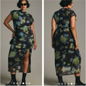 Anthropologie Black Midi Dress with Blue and Green Abstract Print